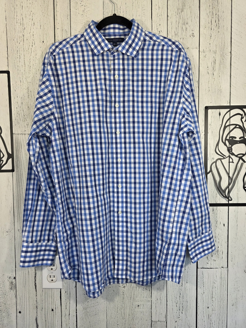 Tommy Hilfiger Men’s Blue White Gingham Dress Shirt 16.5 34-35 Cotton